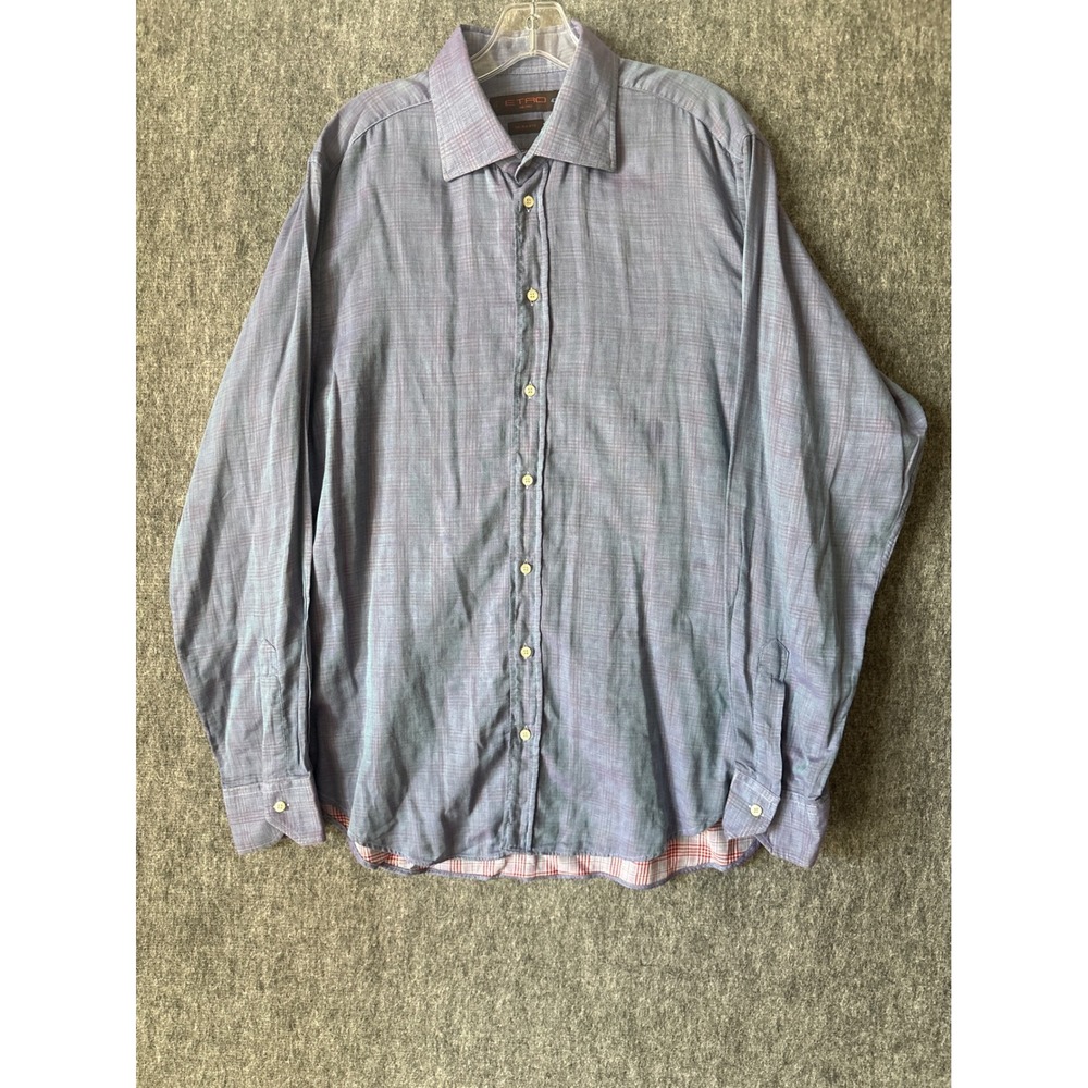 Etro Milano Mens Slim Fit Blue Purple Glen Plaid Cotton Button Down Shirt 43 L